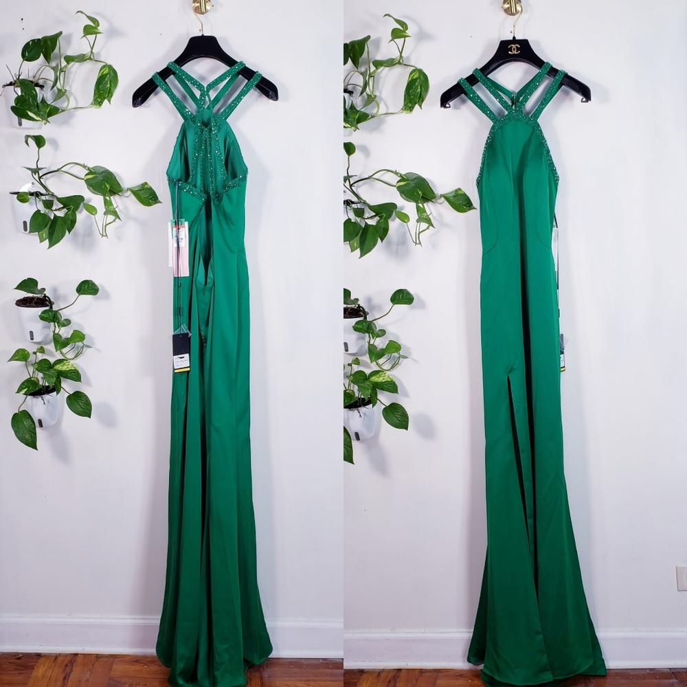NWT LA FEMME High Halter Beaded Sheath Satin Gown - Picture 2 of 12